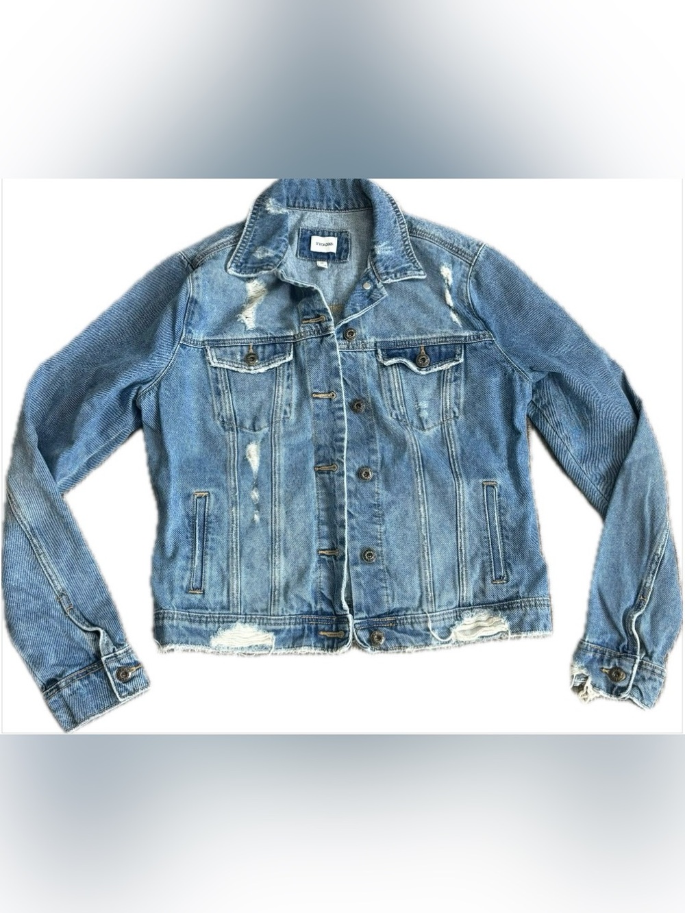 ✨Sneak Peek Light Blue Distressed Denim Jacket with Frayed Accents Size Medium